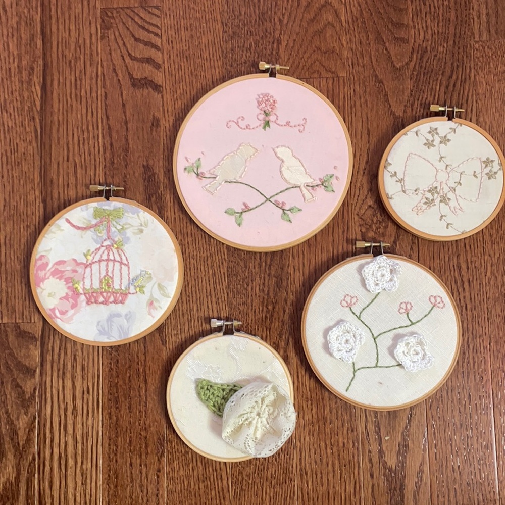 Set of 5 hand sewn wall hangings